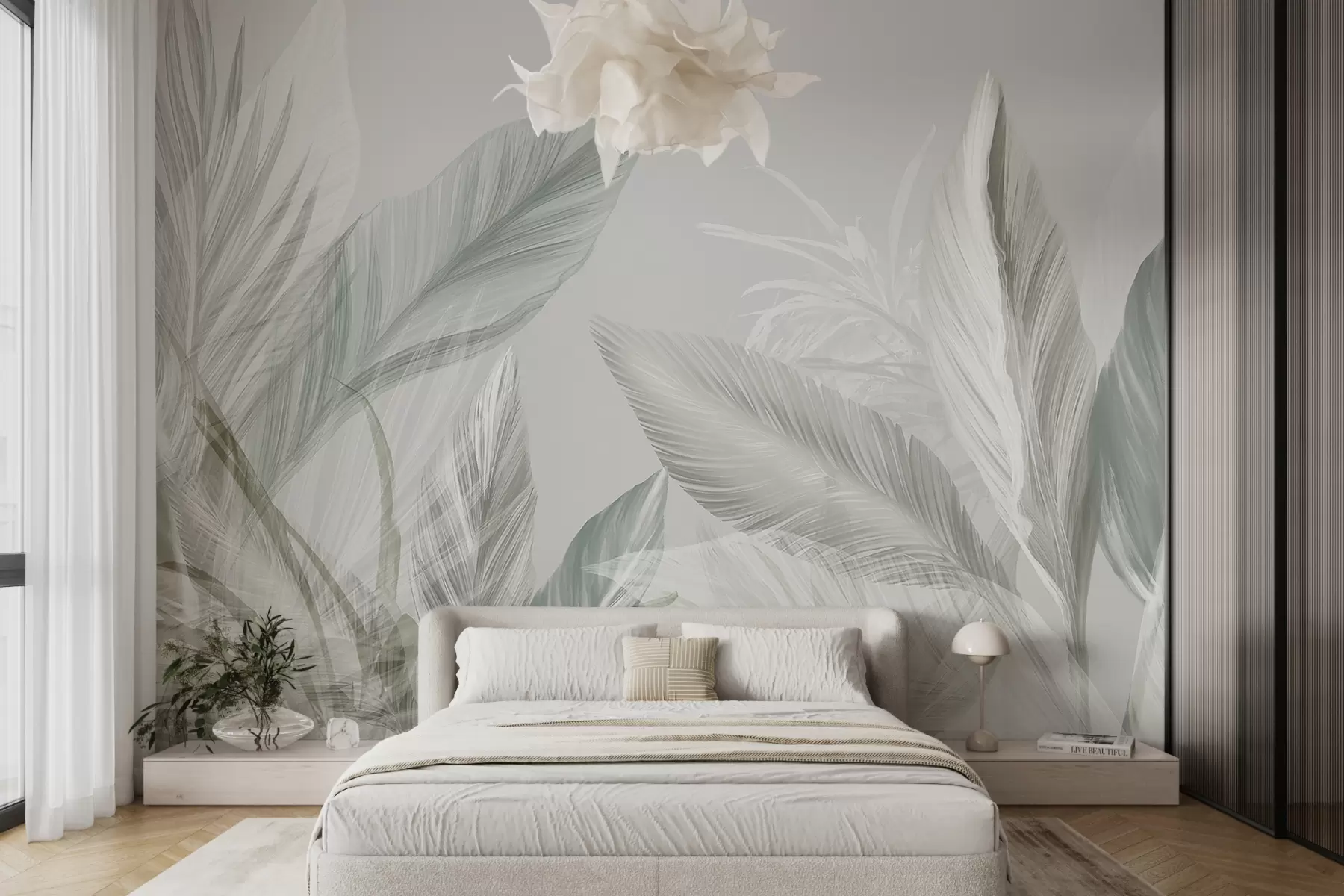 wall murals Меко бело, зелено и сиво перје и тропско лишће које лебди на светлој позадини w08241