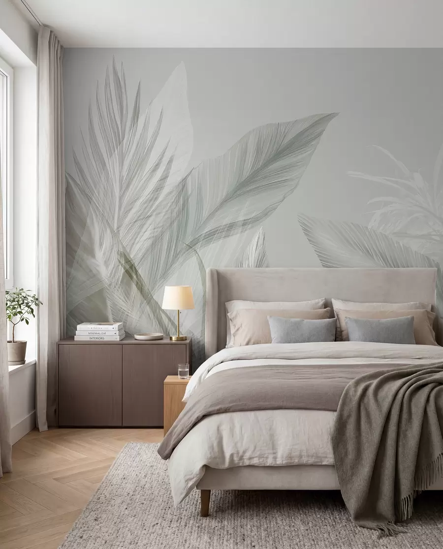 wall murals Меко бело, зелено и сиво перје и тропско лишће које лебди на светлој позадини w08241