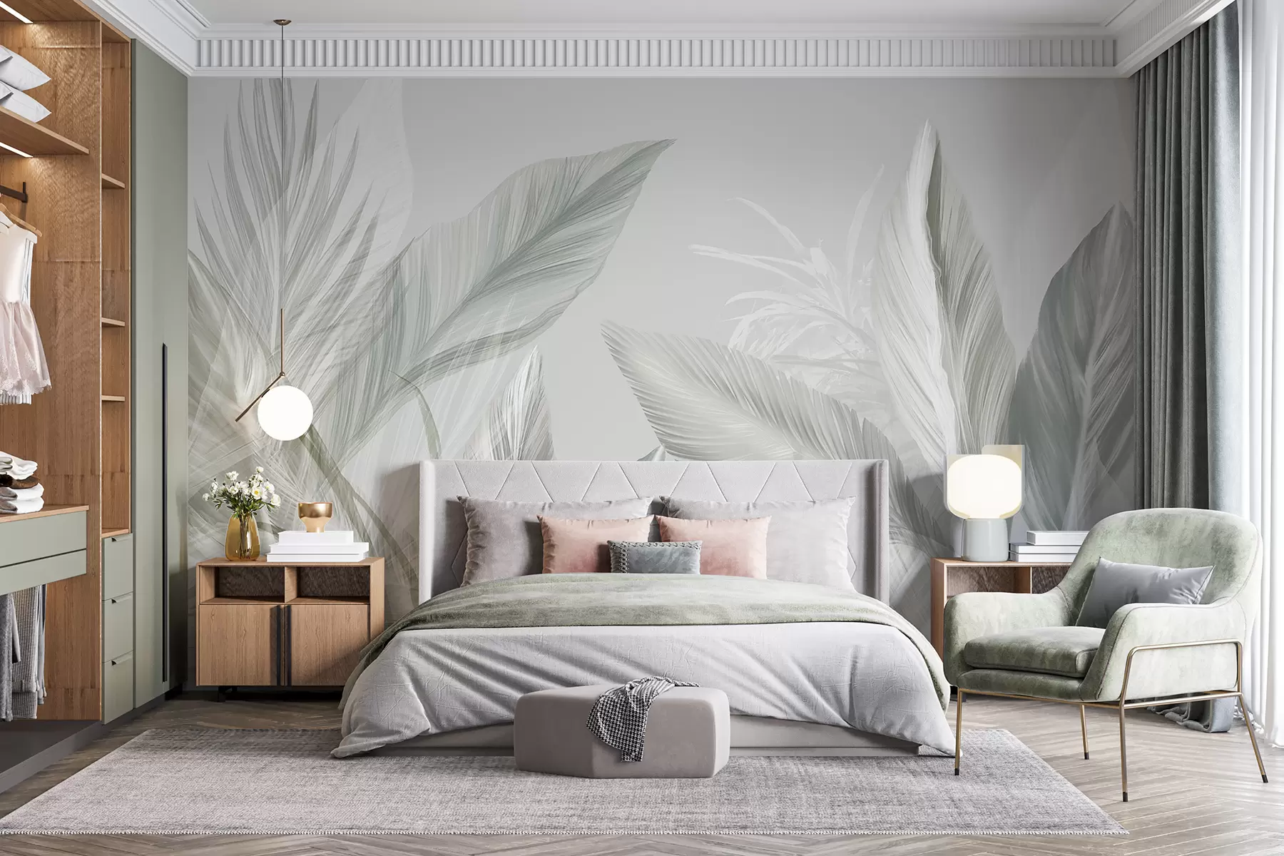 wall murals Меко бело, зелено и сиво перје и тропско лишће које лебди на светлој позадини w08241