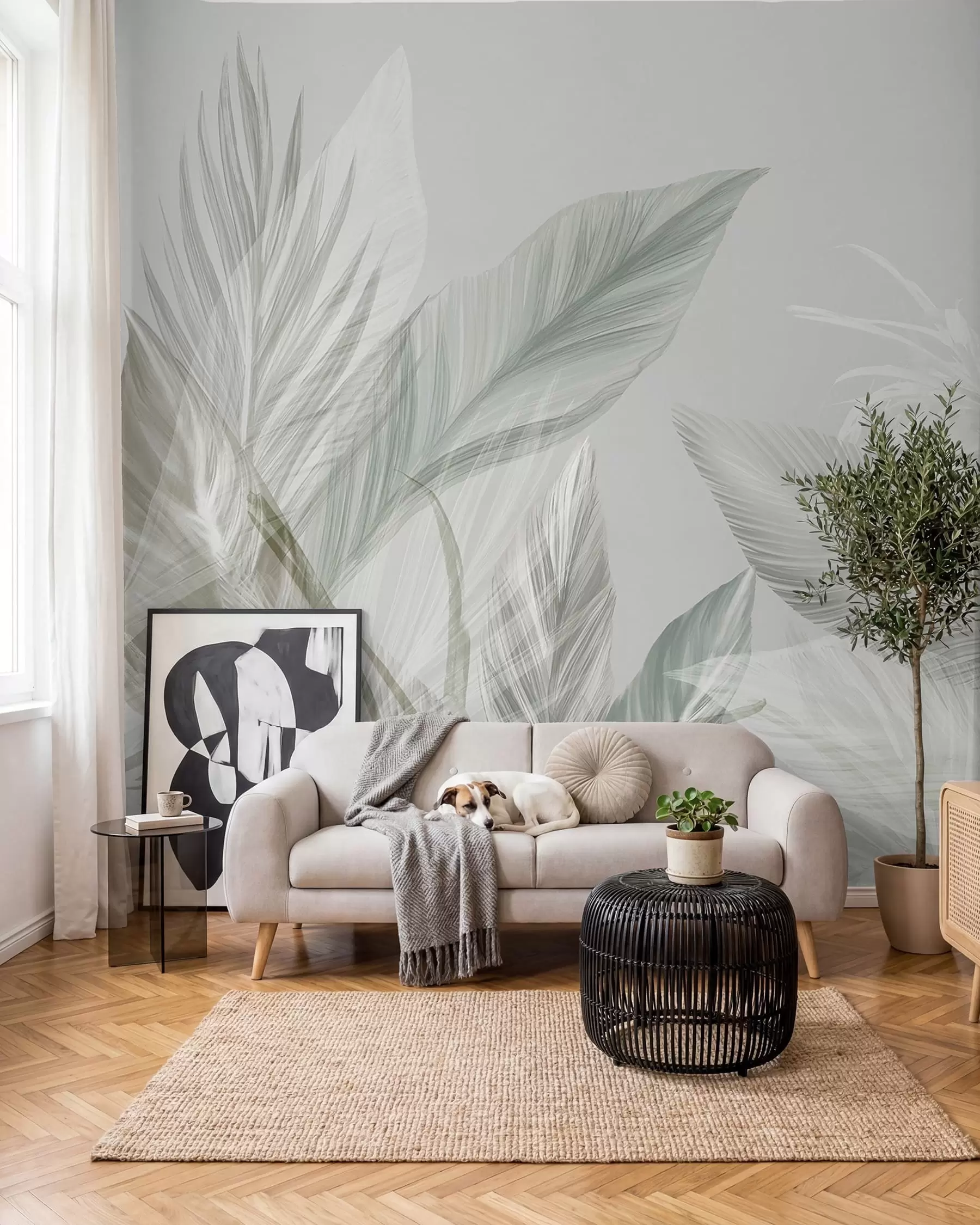 wall murals Меко бело, зелено и сиво перје и тропско лишће које лебди на светлој позадини w08241