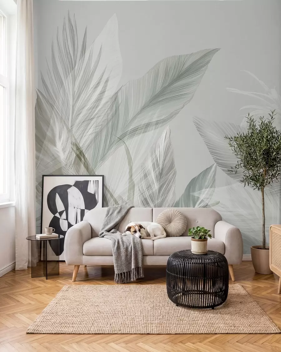 wall murals Меко бело, зелено и сиво перје и тропско лишће које лебди на светлој позадини w08241