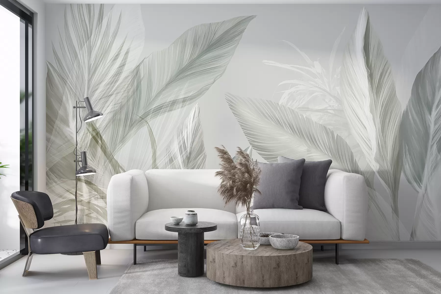 wall murals Меко бело, зелено и сиво перје и тропско лишће које лебди на светлој позадини w08241