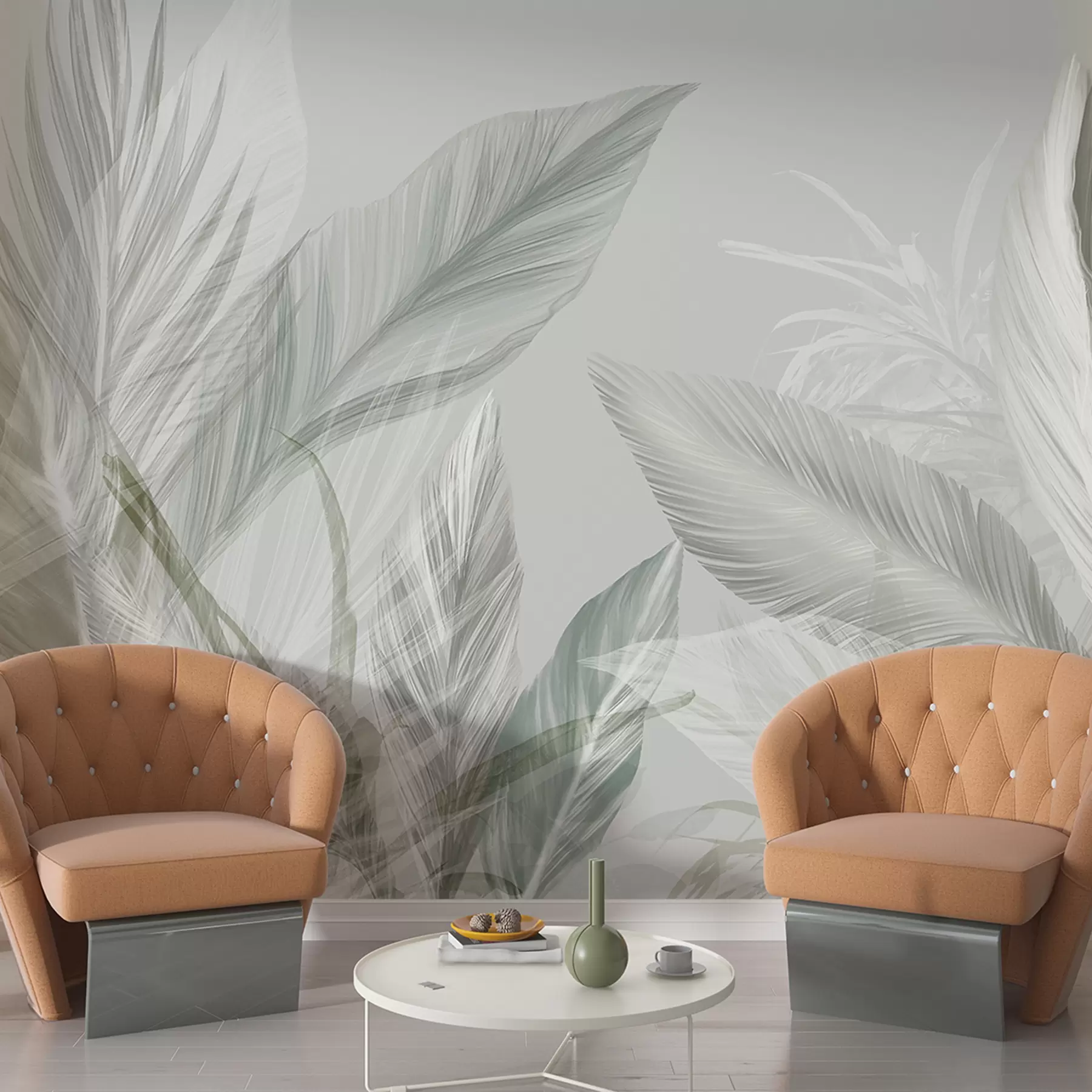 wall murals Меко бело, зелено и сиво перје и тропско лишће које лебди на светлој позадини w08241