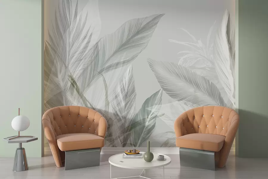 wall murals Меко бело, зелено и сиво перје и тропско лишће које лебди на светлој позадини w08241