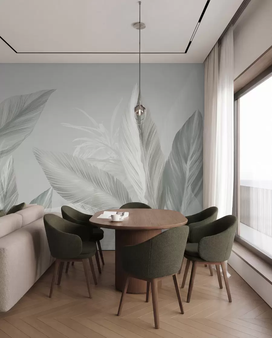 wall murals Меко бело, зелено и сиво перје и тропско лишће које лебди на светлој позадини w08241