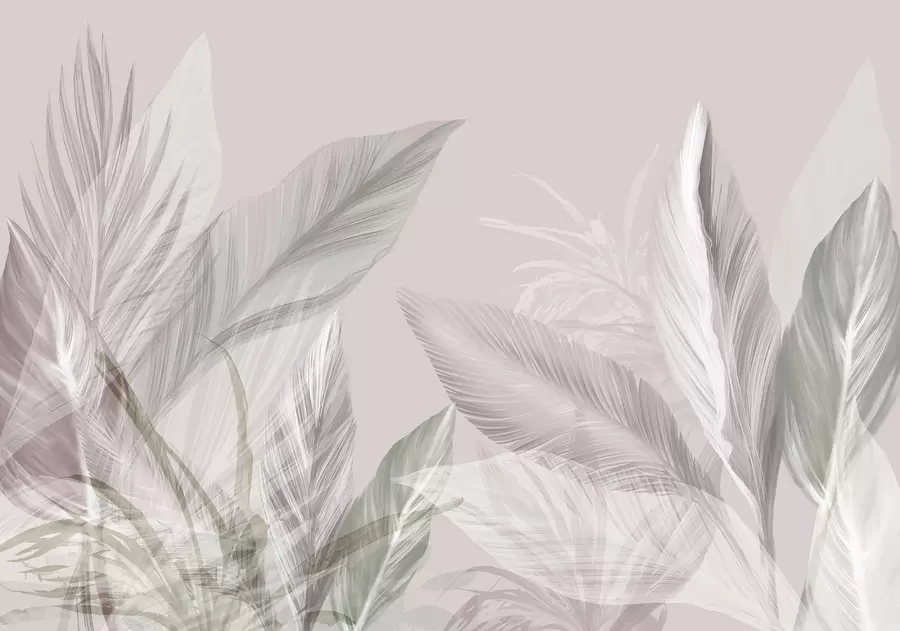wall murals Меко бело, розе и сиво перје и тропско лишће које лебди на светлој позадини w08241v1