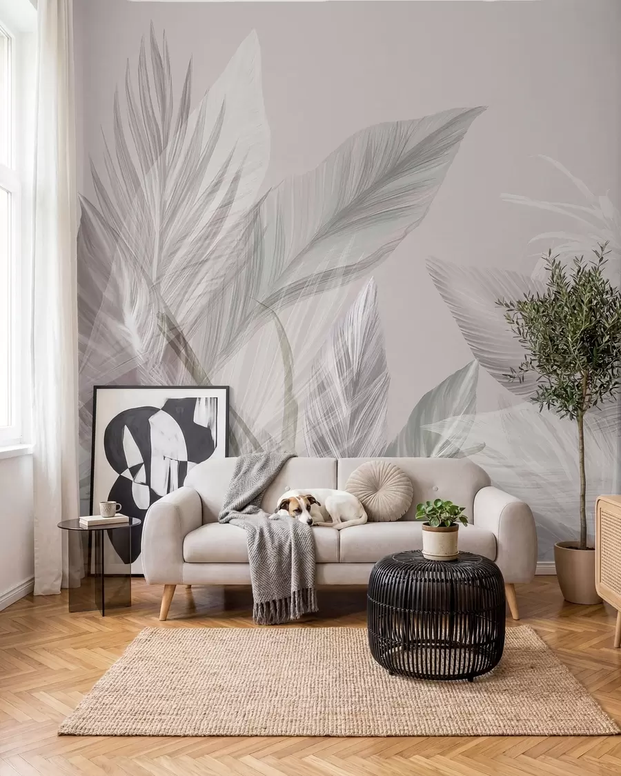 wall murals Меко бело, розе и сиво перје и тропско лишће које лебди на светлој позадини w08241v1