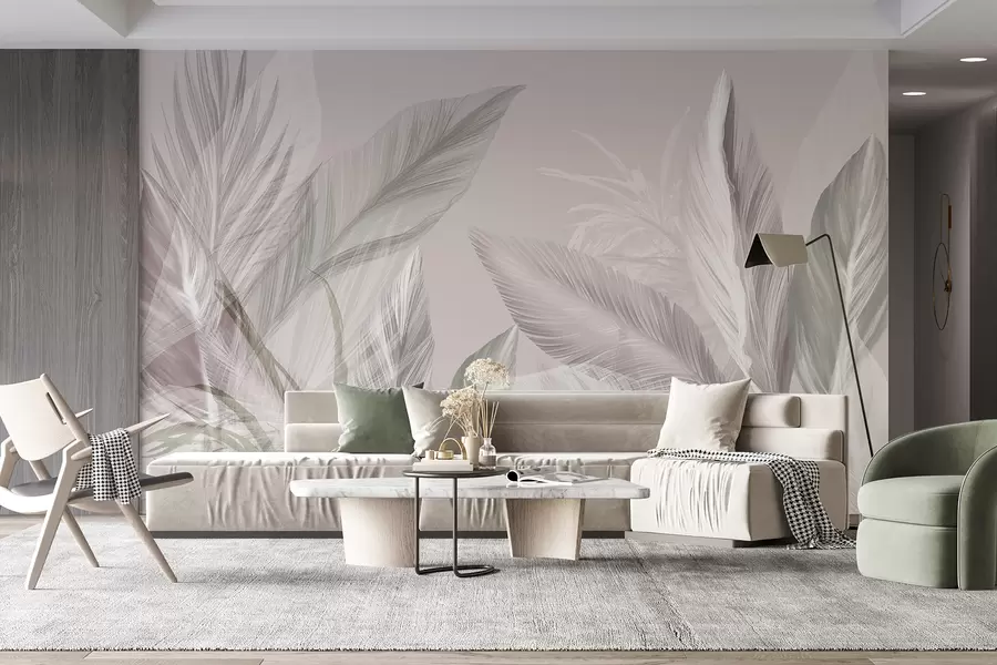 wall murals Меко бело, розе и сиво перје и тропско лишће које лебди на светлој позадини w08241v1