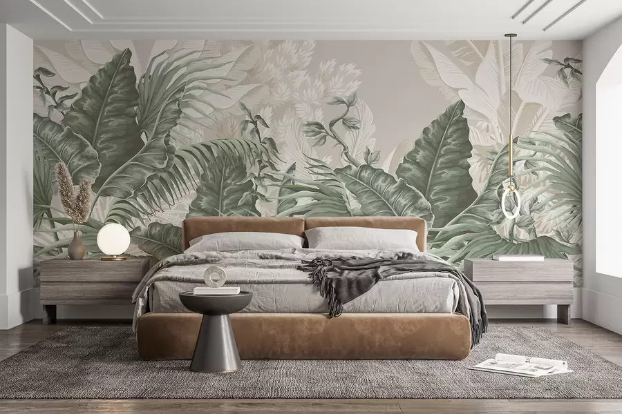 wall murals Сцена тропске џунгле са великим зеленим лишћем и цвећем у првом плану, стварајући бујну атмосферу w08242v1
