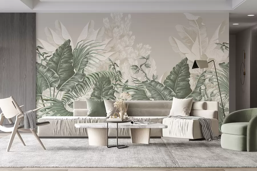 wall murals Сцена тропске џунгле са великим зеленим лишћем и цвећем у првом плану, стварајући бујну атмосферу w08242v1