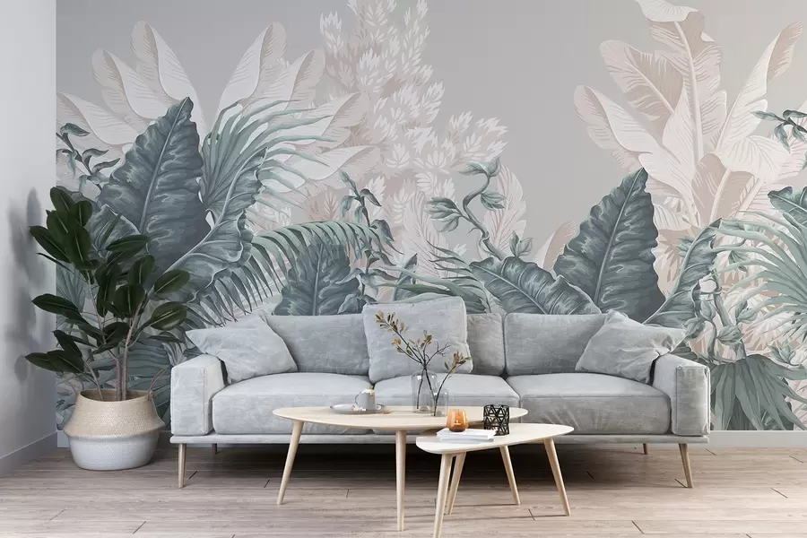 wall murals Сцена тропске џунгле са великим зеленим лишћем и цвећем у првом плану, стварајући бујну атмосферу w08242