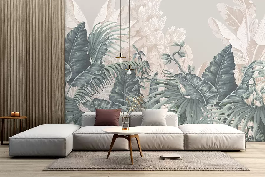 wall murals Сцена тропске џунгле са великим зеленим лишћем и цвећем у првом плану, стварајући бујну атмосферу w08242