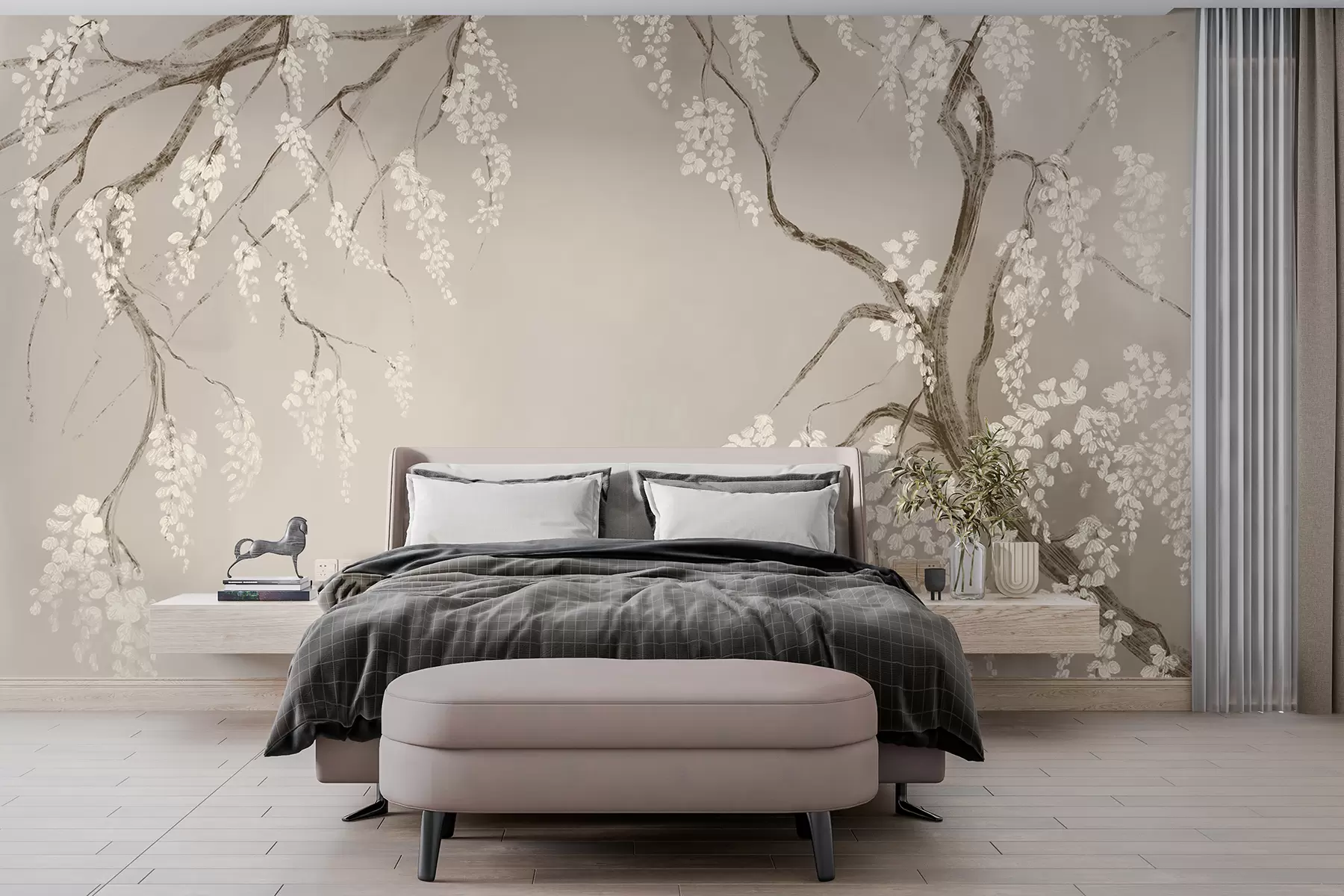 wall murals Нежно бело дрво трешње са цветовима који цветају на гранама на беж позадини w08243