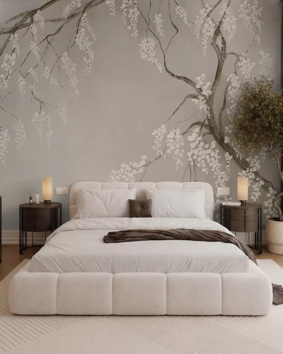 wall murals Нежно бело дрво трешње са цветовима који цветају на гранама на беж позадини w08243