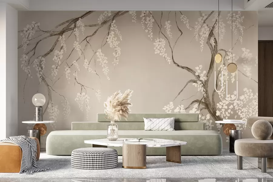 wall murals Нежно бело дрво трешње са цветовима који цветају на гранама на беж позадини w08243