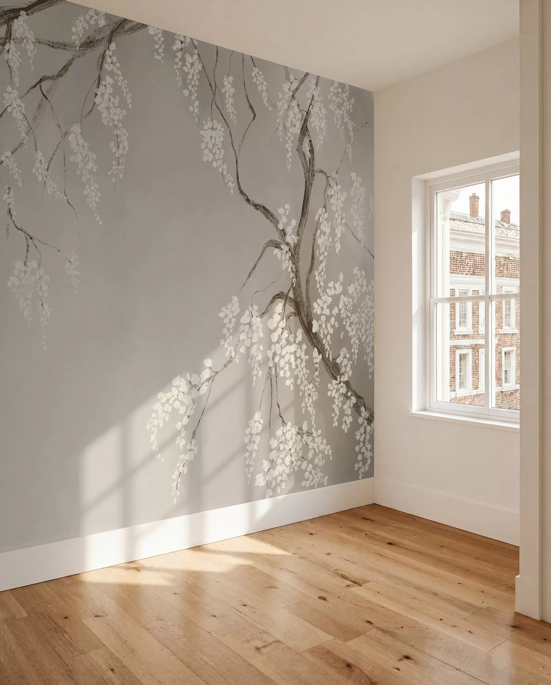 wall murals Нежно бело дрво трешње са цветовима који цветају на гранама на беж позадини w08243