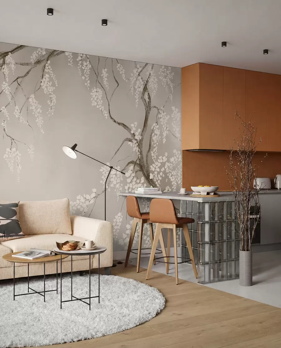 wall murals Нежно бело дрво трешње са цветовима који цветају на гранама на беж позадини w08243