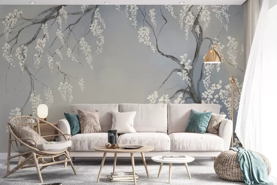 wall murals Нежно бело дрво трешње са цветовима који цветају на гранама на плавој позадини w08243v1