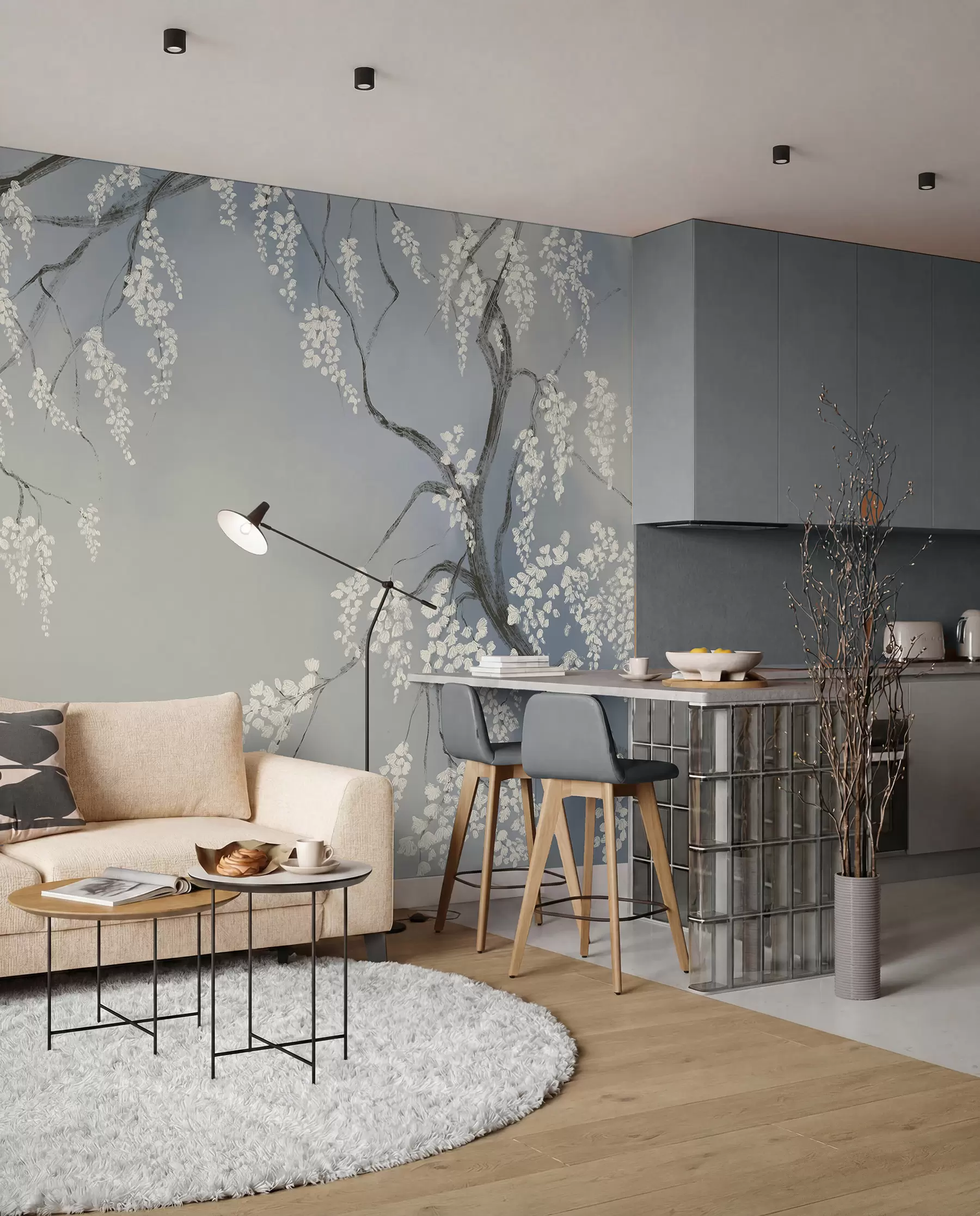 wall murals Нежно бело дрво трешње са цветовима који цветају на гранама на плавој позадини w08243v1