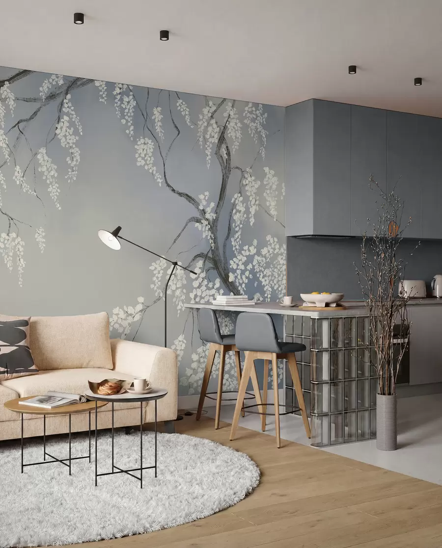 wall murals Нежно бело дрво трешње са цветовима који цветају на гранама на плавој позадини w08243v1