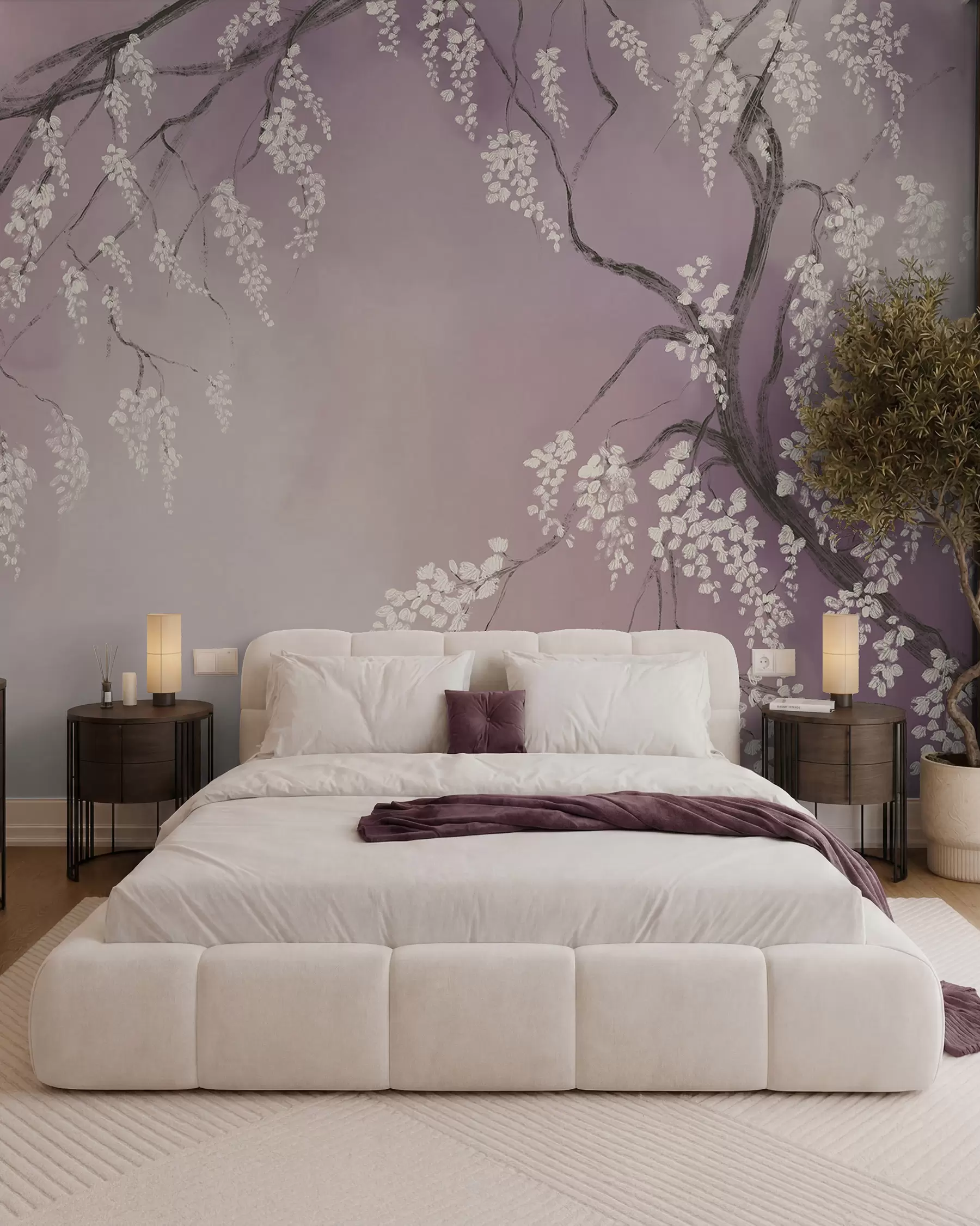 wall murals Нежно бело дрво трешње са цветовима који цветају на гранама на ружичастој позадини w08243v2