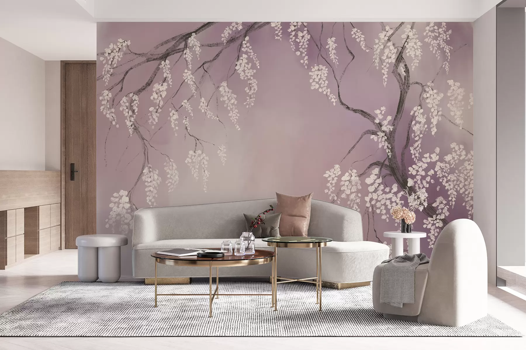 wall murals Нежно бело дрво трешње са цветовима који цветају на гранама на ружичастој позадини w08243v2