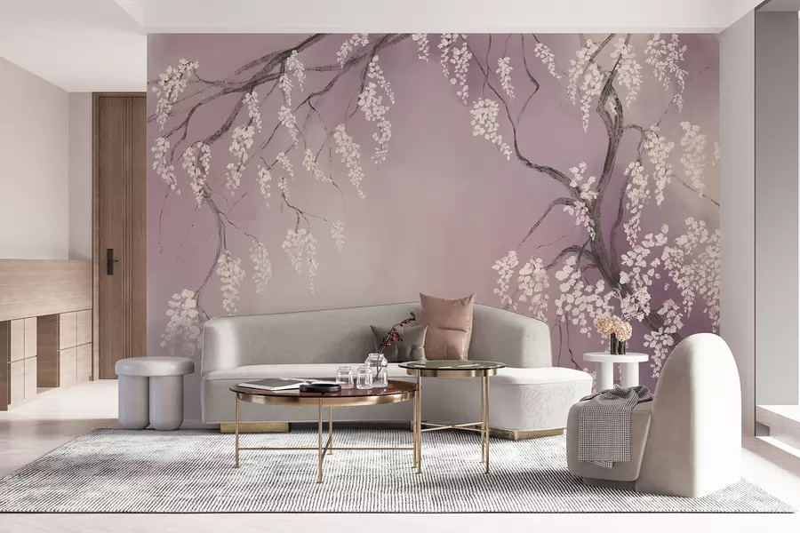 wall murals Нежно бело дрво трешње са цветовима који цветају на гранама на ружичастој позадини w08243v2
