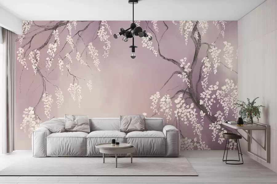 wall murals Нежно бело дрво трешње са цветовима који цветају на гранама на ружичастој позадини w08243v2