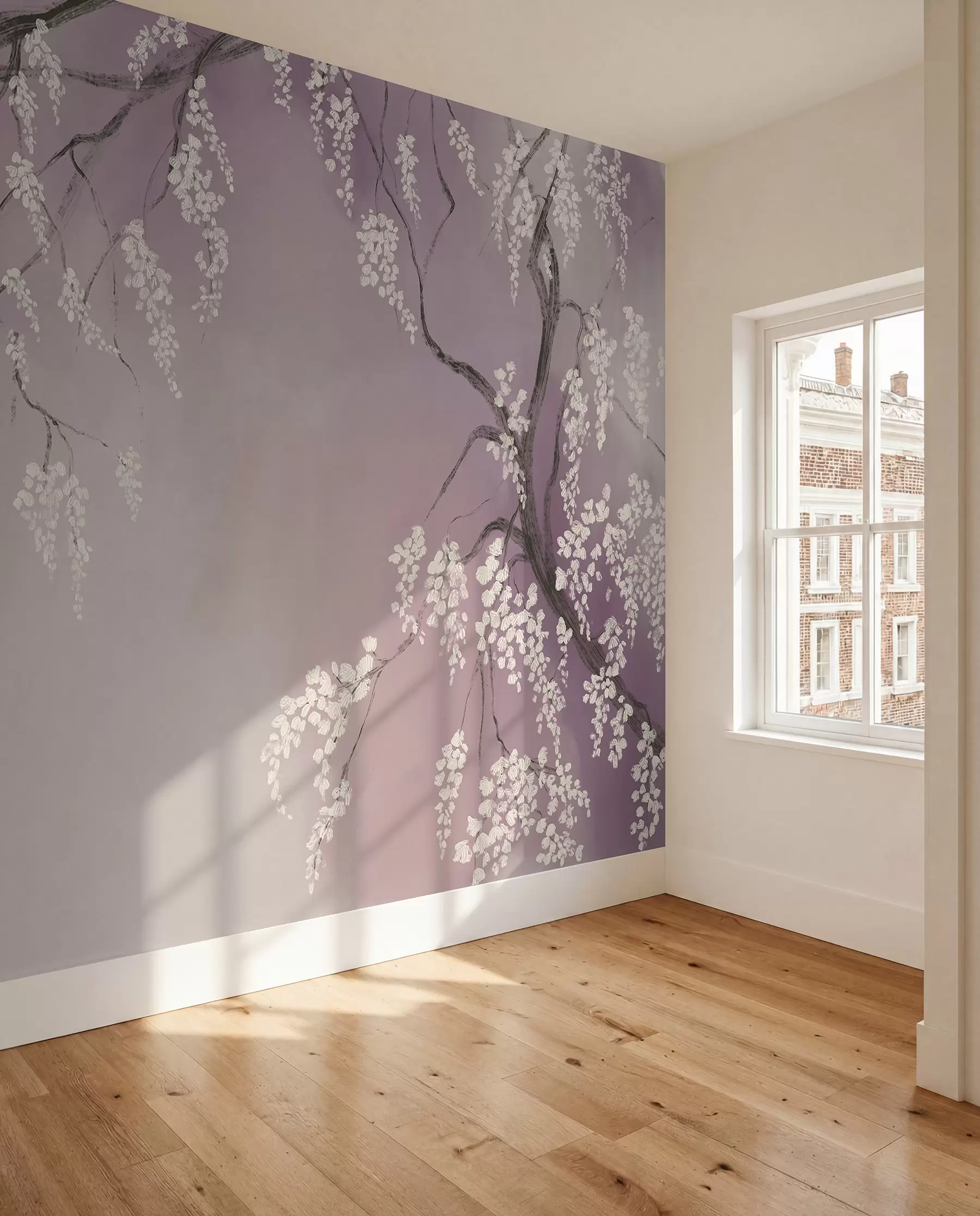 wall murals Нежно бело дрво трешње са цветовима који цветају на гранама на ружичастој позадини w08243v2