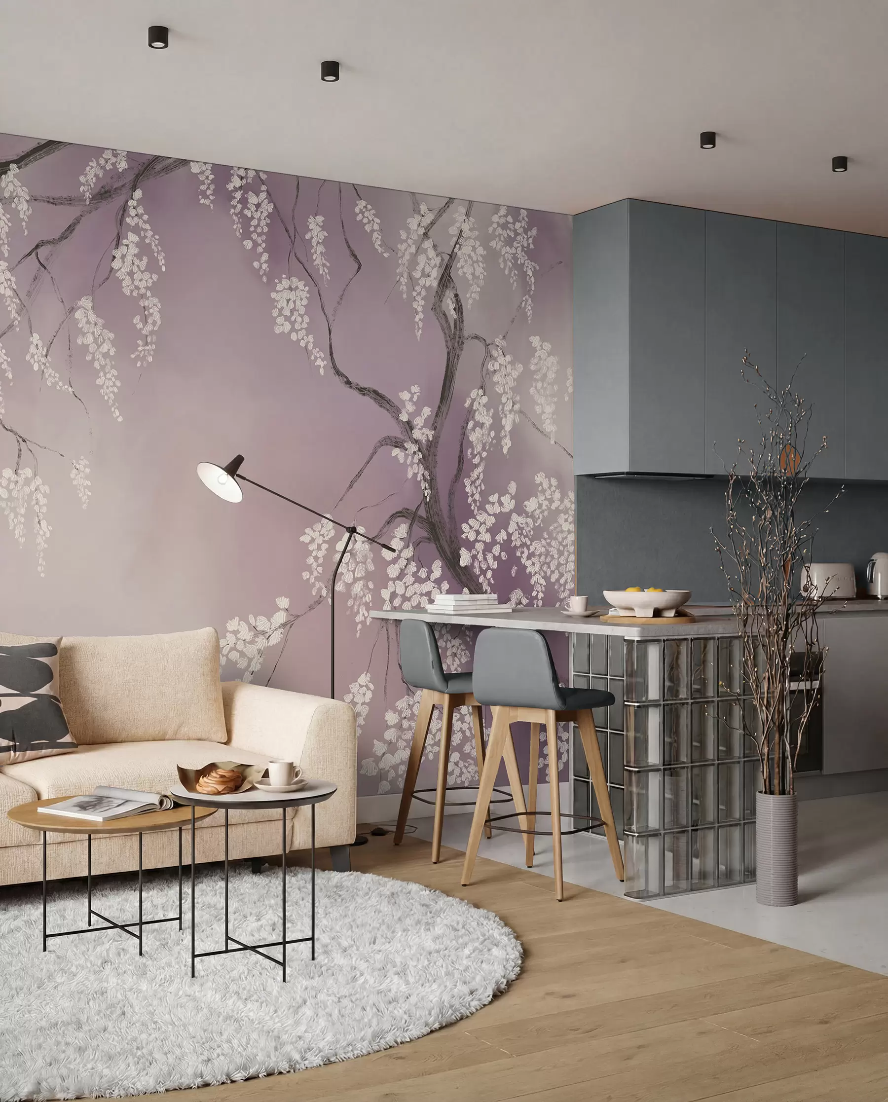 wall murals Нежно бело дрво трешње са цветовима који цветају на гранама на ружичастој позадини w08243v2