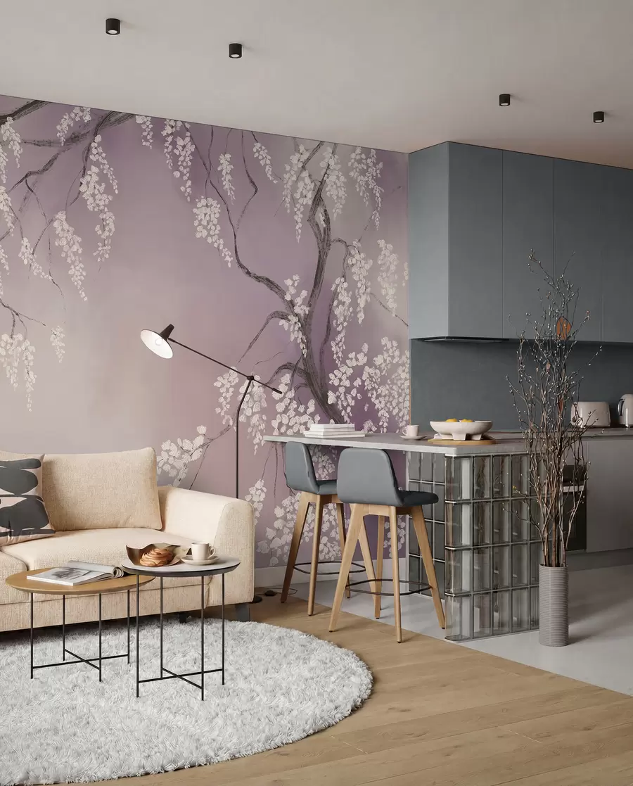 wall murals Нежно бело дрво трешње са цветовима који цветају на гранама на ружичастој позадини w08243v2