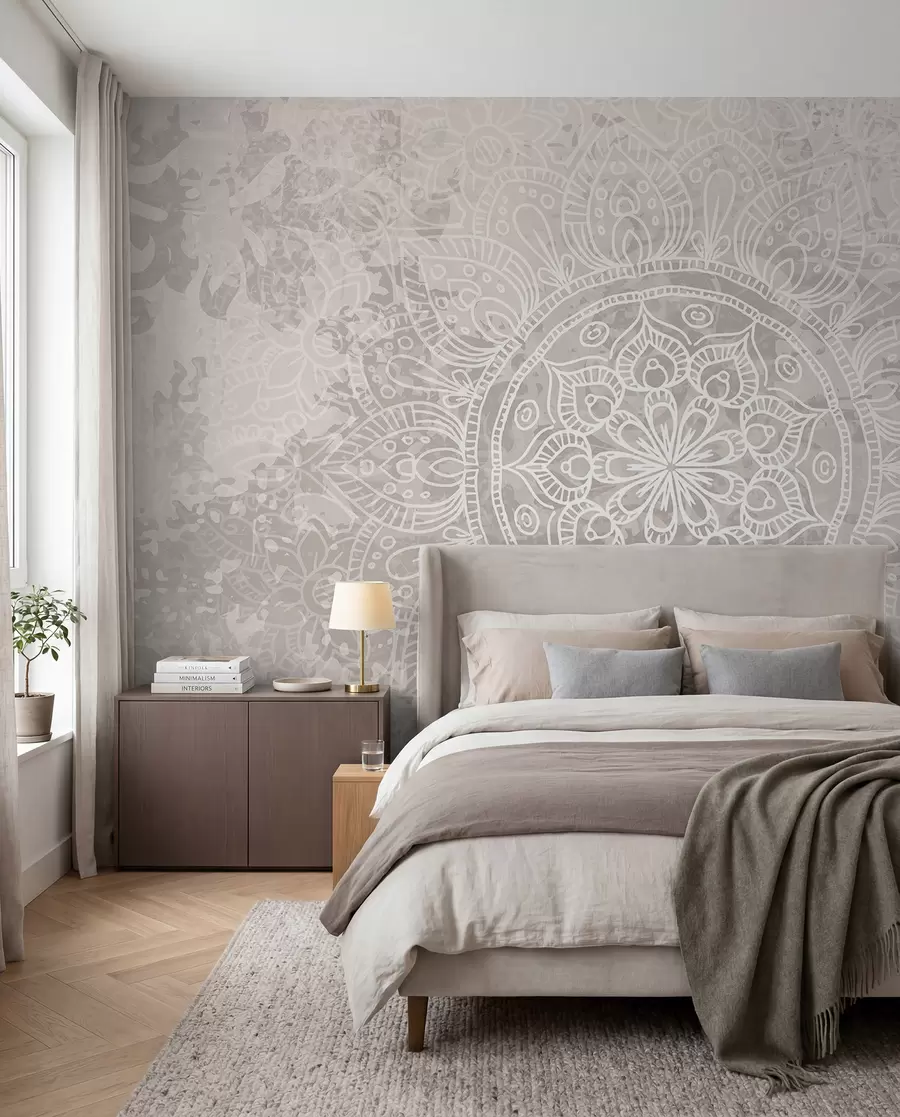 wall murals Детаљан узорак беле мандале на светлосивој винтаге позадини w08246