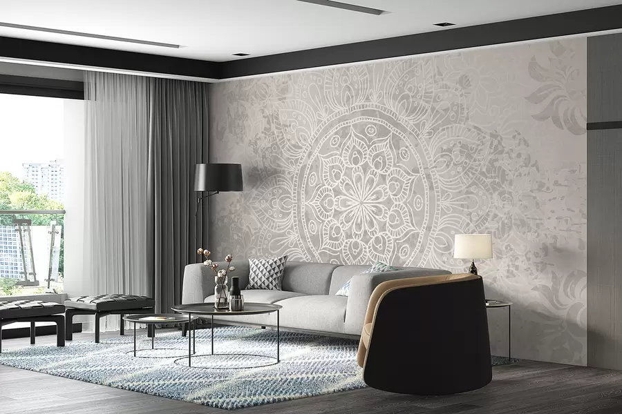 wall murals Детаљан узорак беле мандале на светлосивој винтаге позадини w08246