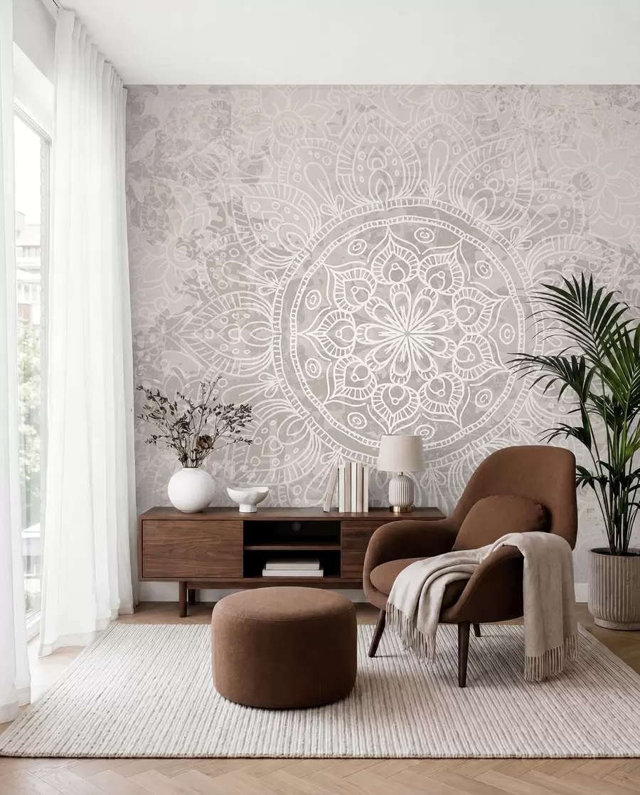 wall murals Детаљан узорак беле мандале на светлосивој винтаге позадини w08246
