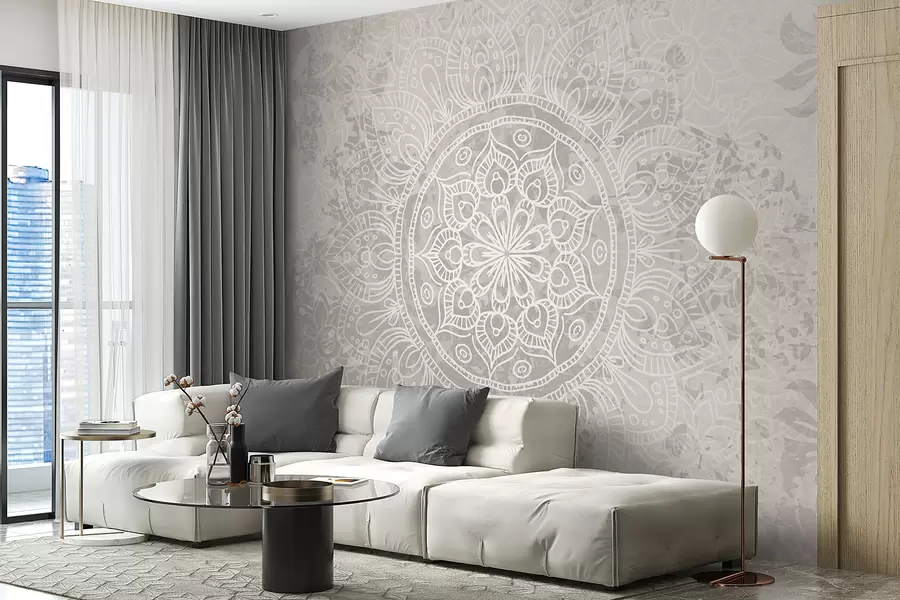 wall murals Детаљан узорак беле мандале на светлосивој винтаге позадини w08246