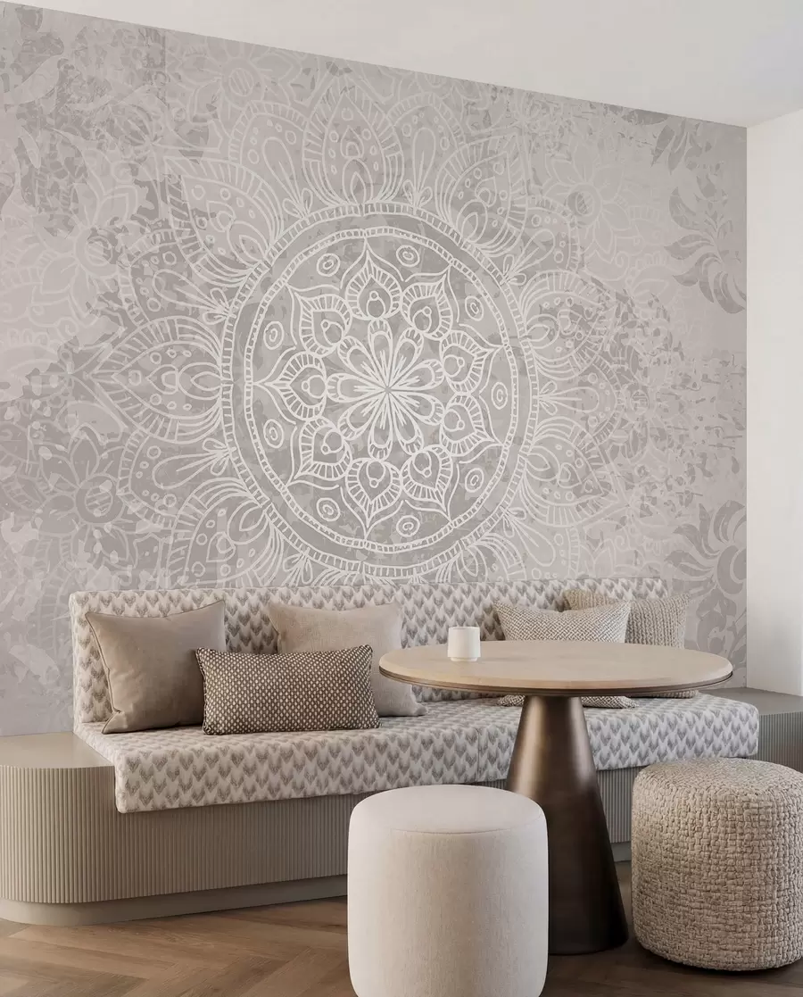 wall murals Детаљан узорак беле мандале на светлосивој винтаге позадини w08246