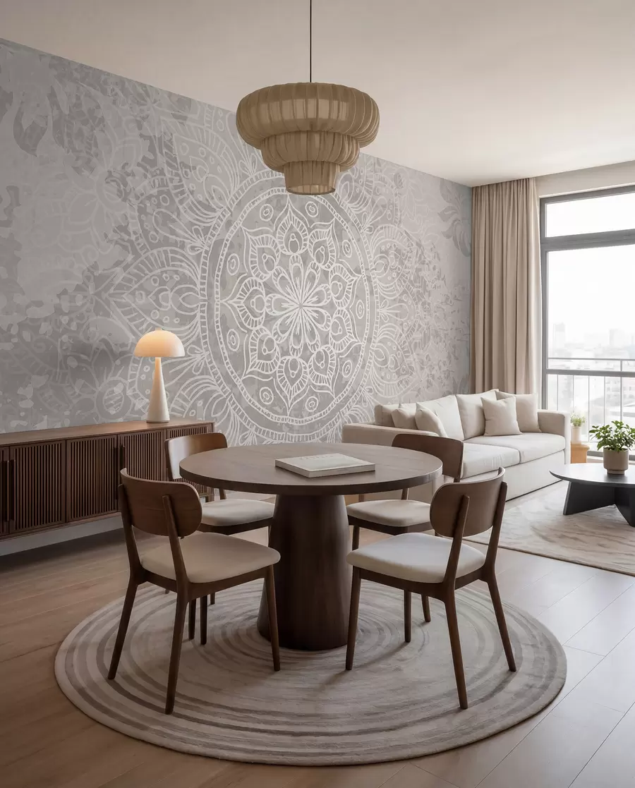 wall murals Детаљан узорак беле мандале на светлосивој винтаге позадини w08246