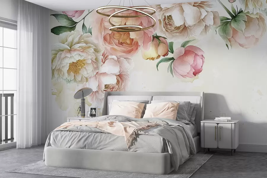 wall murals Нежни ружичасти и бели божури са бујним зеленим листовима на светлој позадини акварела w08248