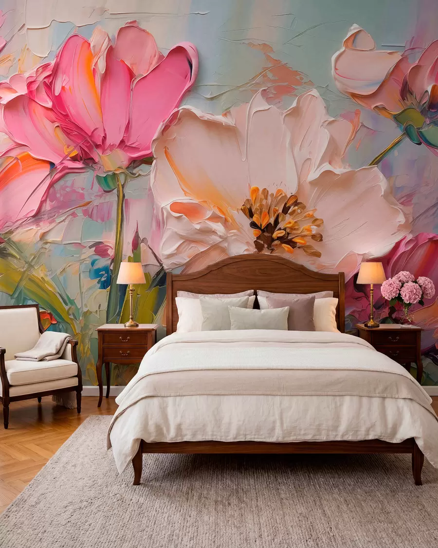 wall murals Светло ружичасто цвеће на светло плавој сивој позадини w01039