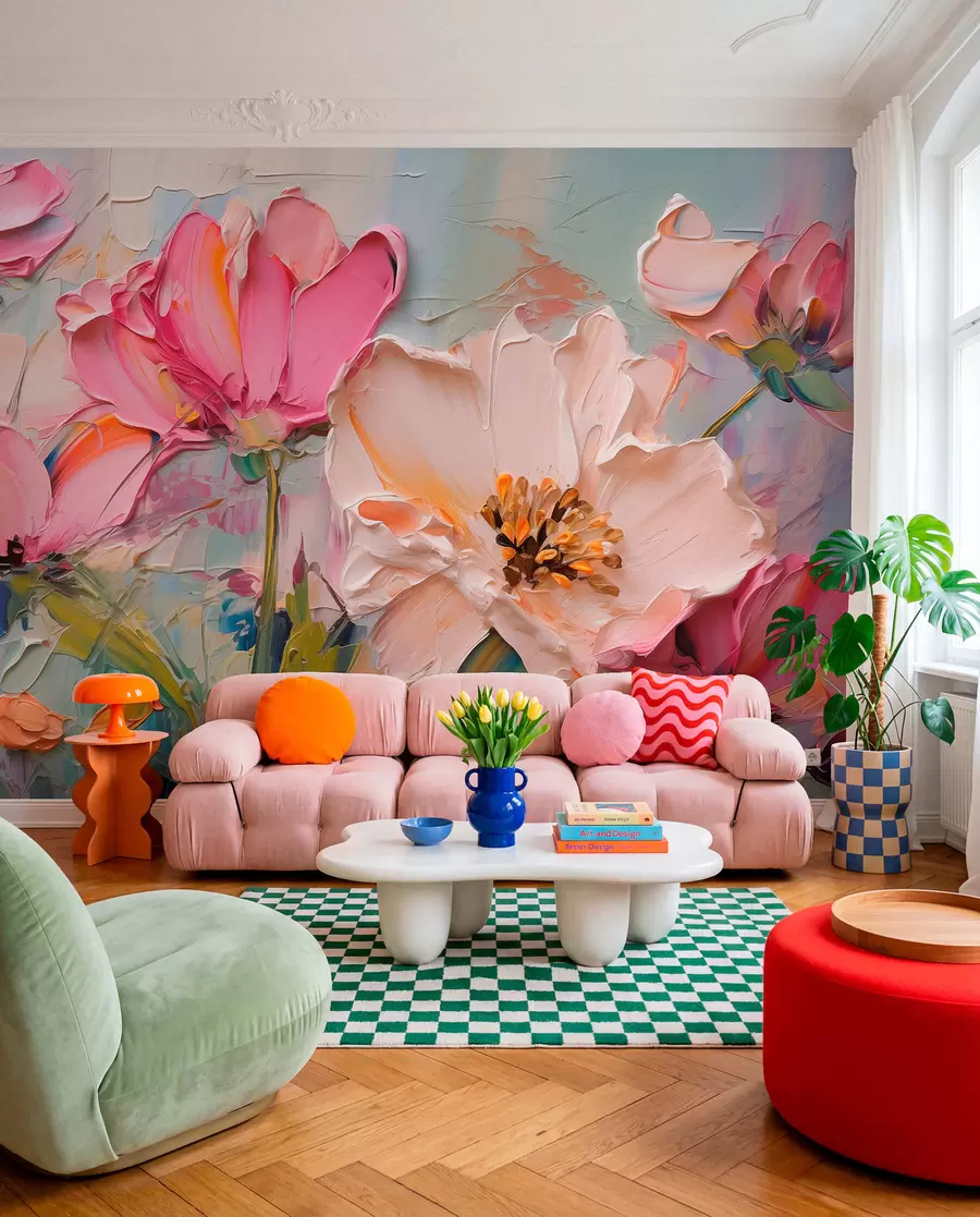 wall murals Светло ружичасто цвеће на светло плавој сивој позадини w01039