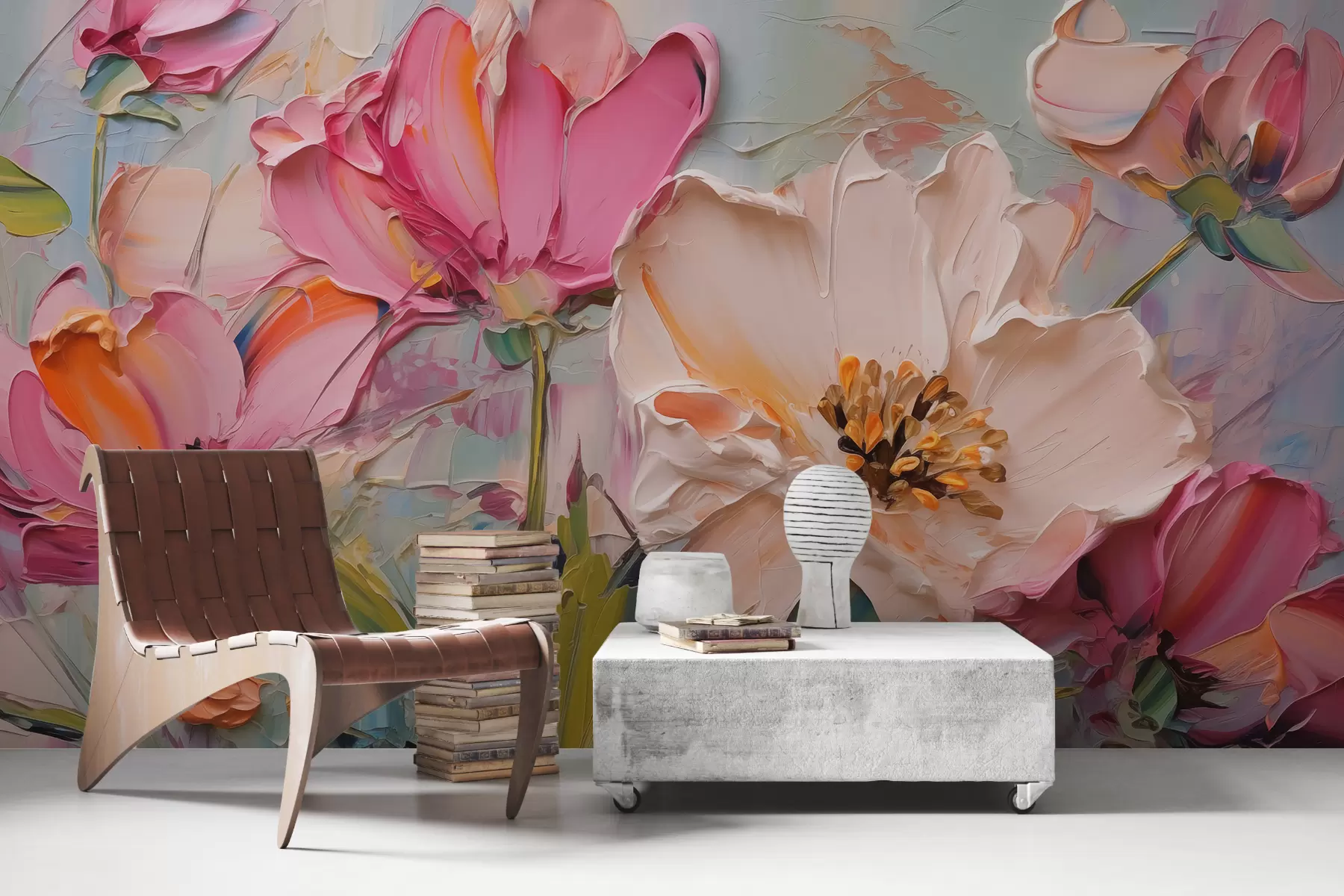 wall murals Светло ружичасто цвеће на светло плавој сивој позадини w01039