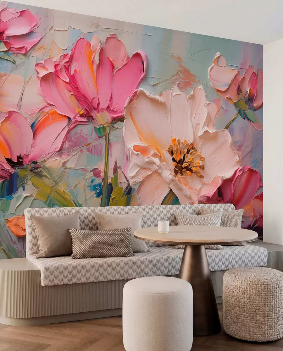 wall murals Светло ружичасто цвеће на светло плавој сивој позадини w01039
