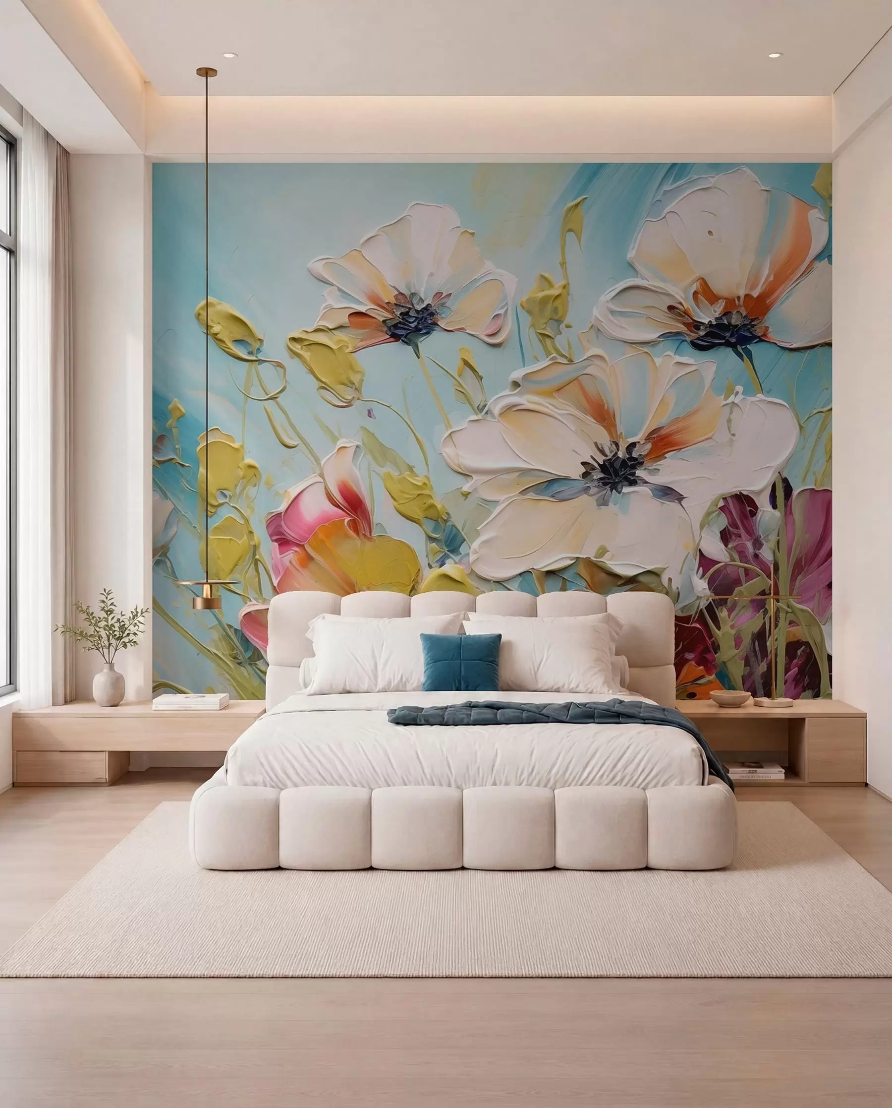 wall murals Апстрактни бели макови на плавој позадини, имитација потеза боје w01043
