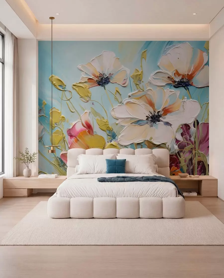 wall murals Апстрактни бели макови на плавој позадини, имитација потеза боје w01043