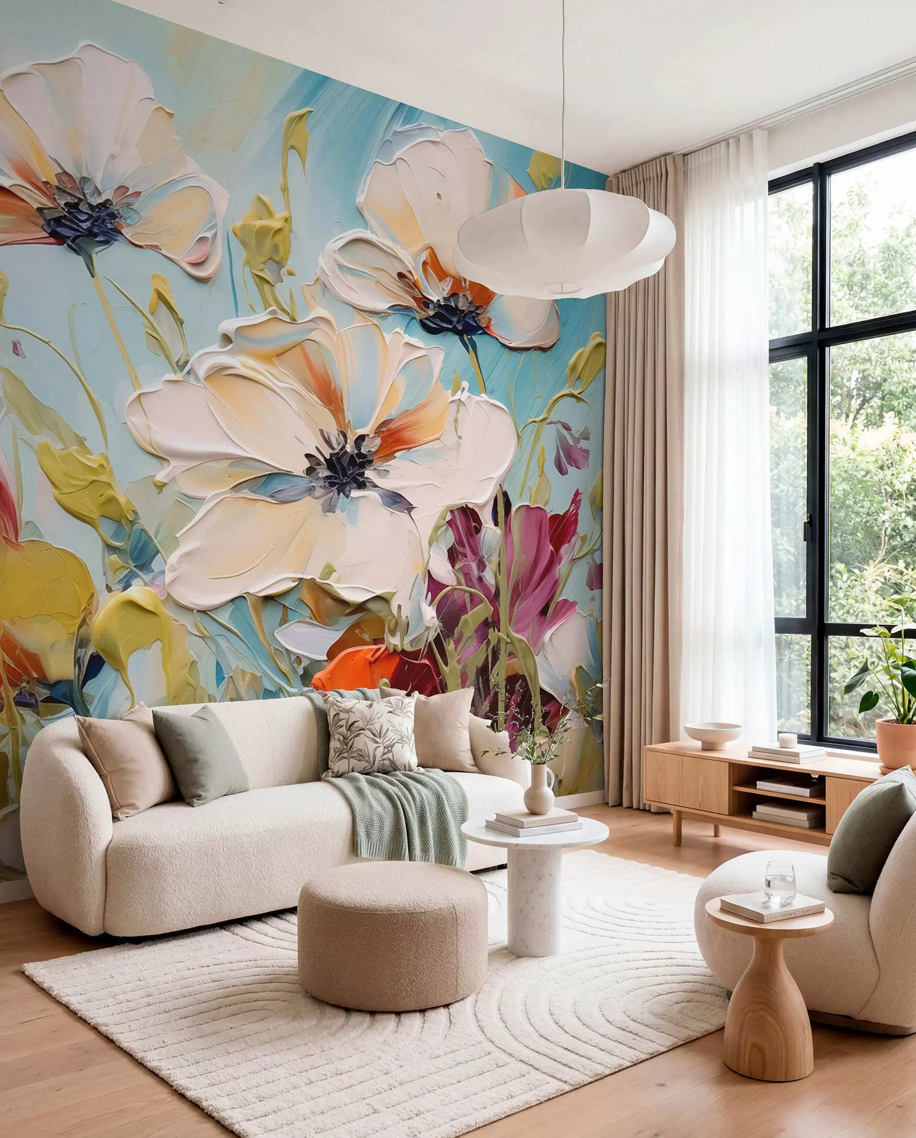 wall murals Апстрактни бели макови на плавој позадини, имитација потеза боје w01043