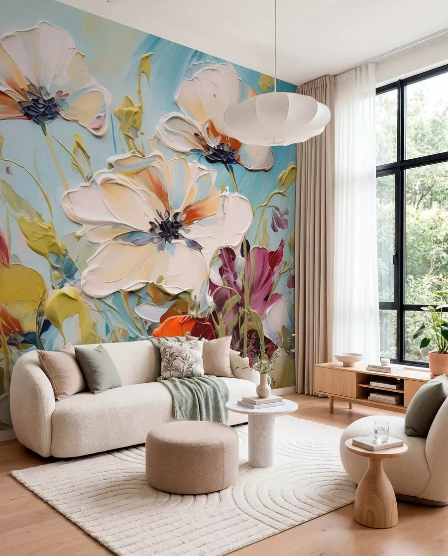 wall murals Апстрактни бели макови на плавој позадини, имитација потеза боје w01043