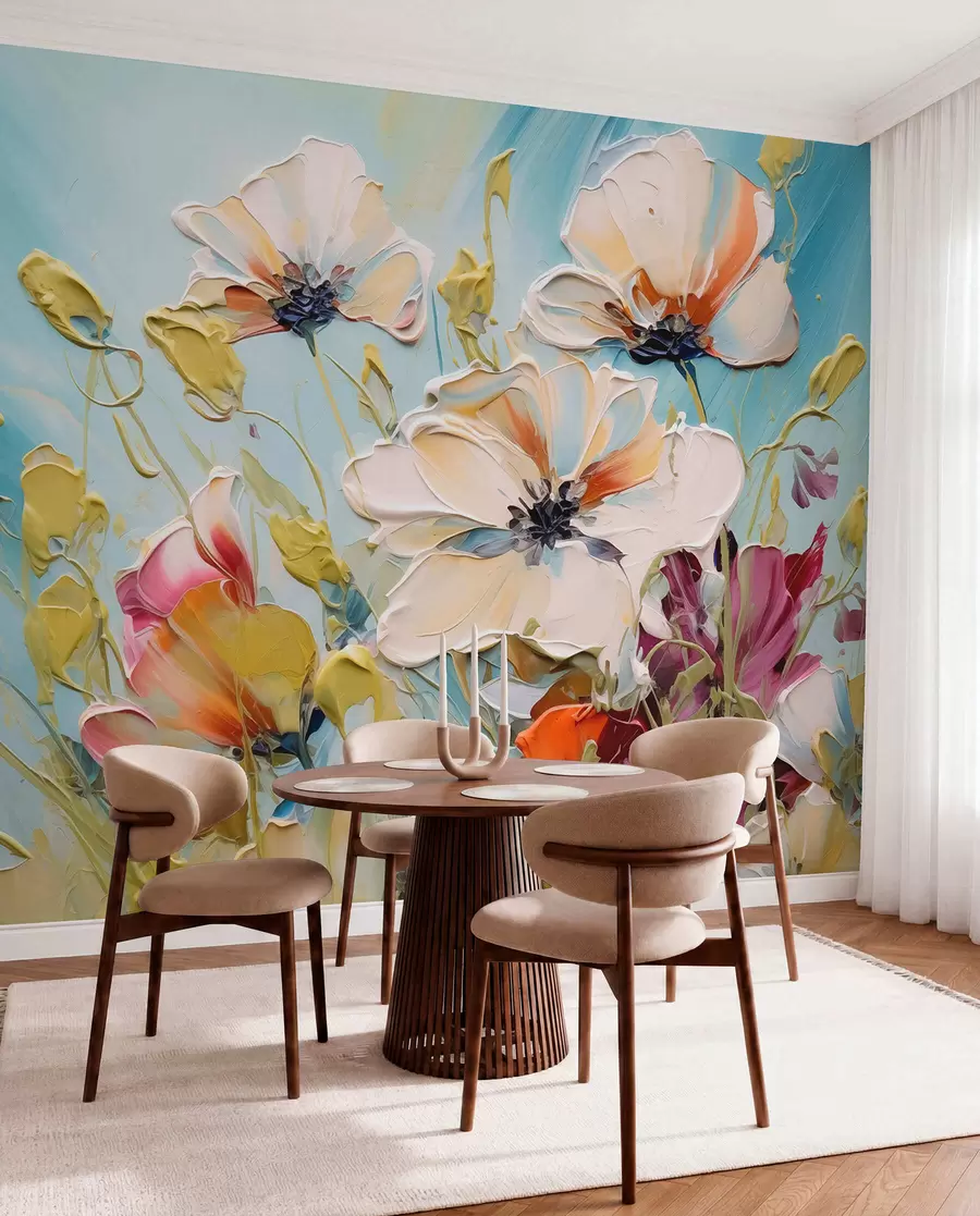wall murals Апстрактни бели макови на плавој позадини, имитација потеза боје w01043