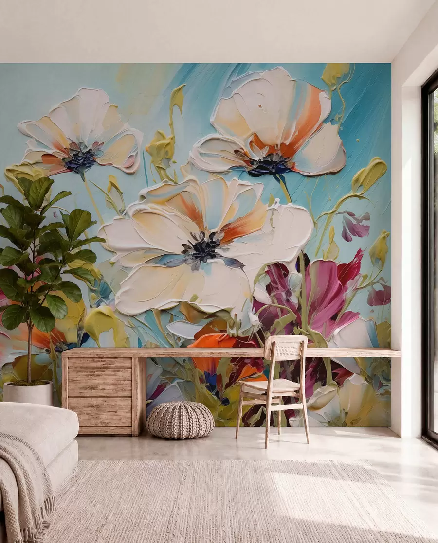 wall murals Апстрактни бели макови на плавој позадини, имитација потеза боје w01043