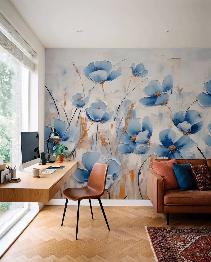 wall murals Плаво цвеће на апстрактној позадини, имитација уљаних потеза w01045