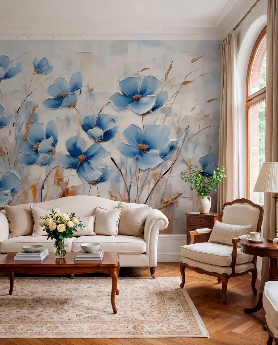 wall murals Плаво цвеће на апстрактној позадини, имитација уљаних потеза w01045